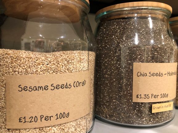 jars of sesame & chia seeds at carpenters nursery farm shop