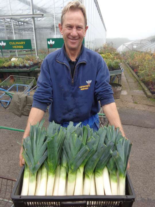 gardener holding a basket of leeks