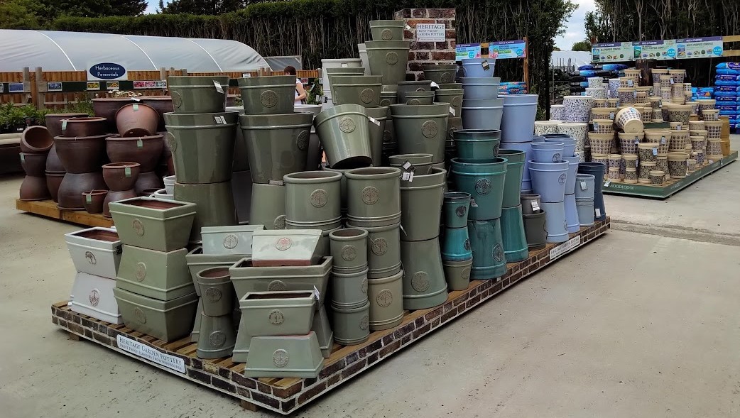 outdoor pots on display at carpenters nursery garden centre